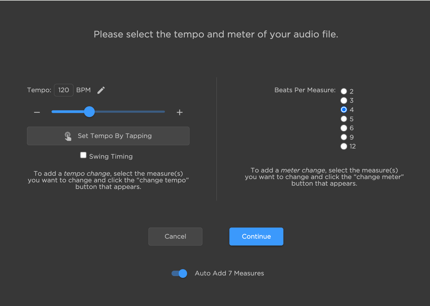Setting BPM and tempo for audio track
