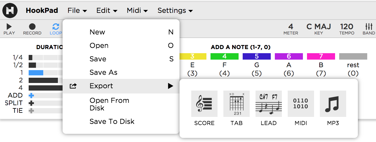 Exporting a TheoryTab to MIDI, sheet music, or guitar tab