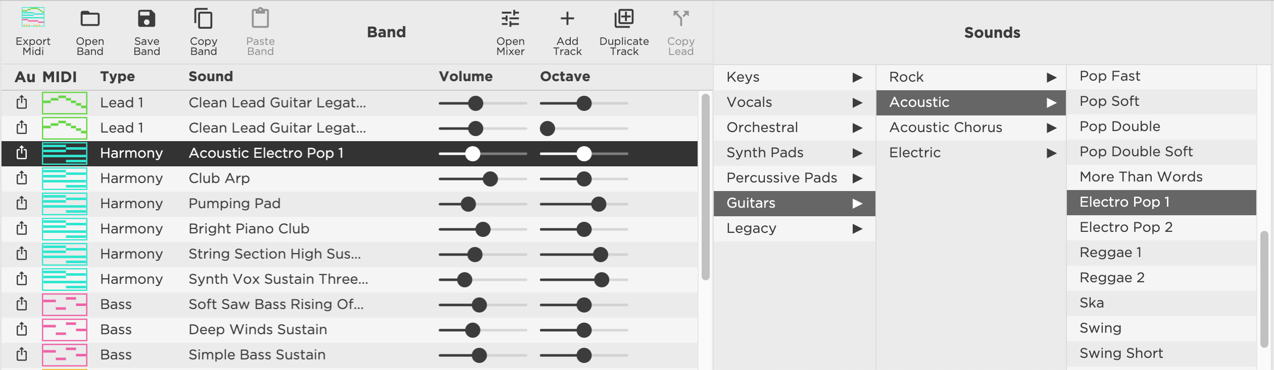 Hookpad Band panel with voicing options
