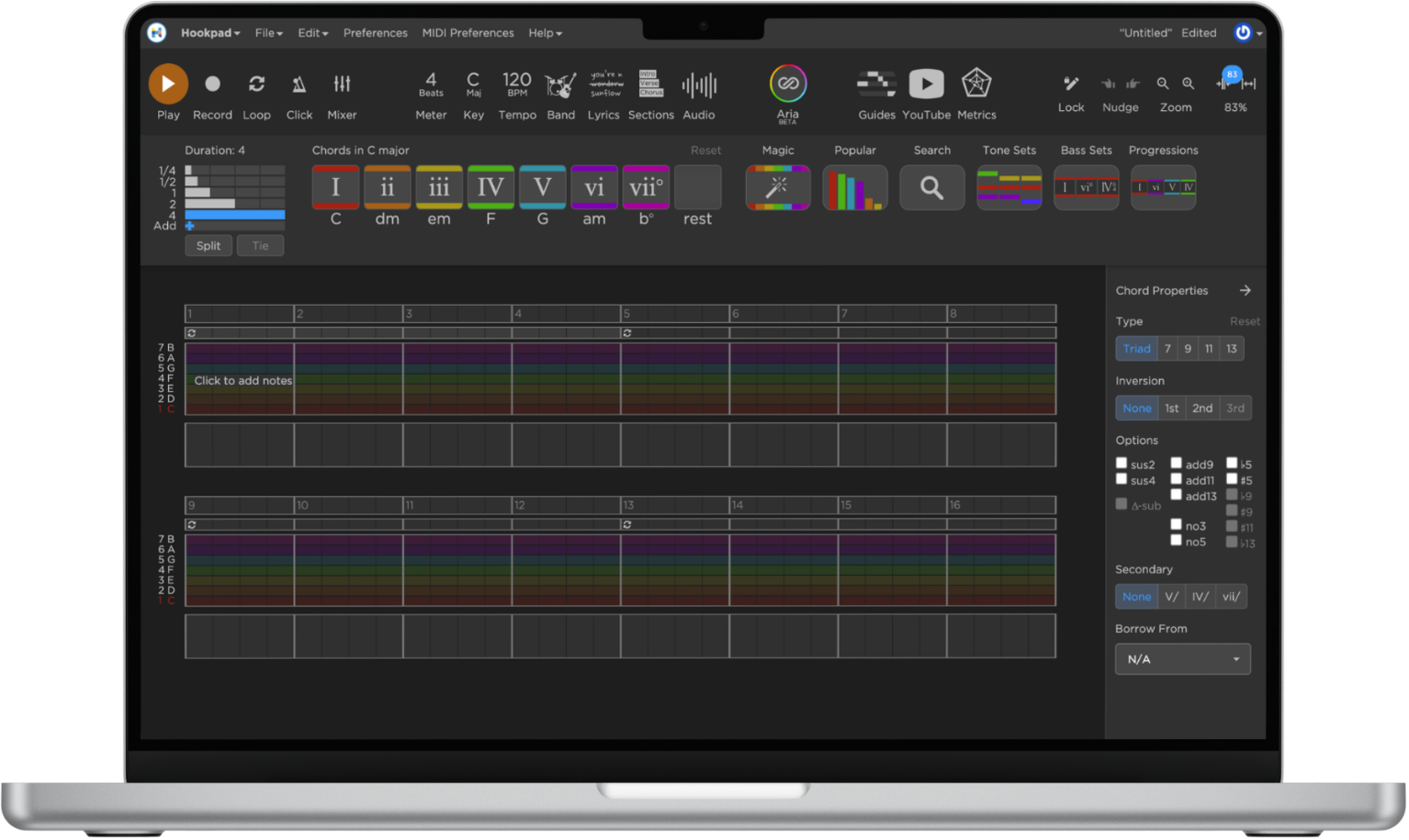 Hookpad interface showing chords in your key